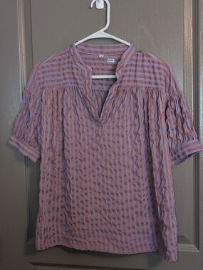 Striped Pink and Lavender Split-Neck Blouse